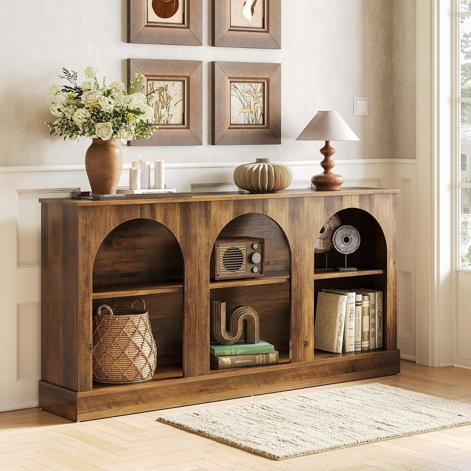 LITTLE TREE 63' Modern Console Sofa Table with 3-Tier Storage, Wooden Rectangular Foyer Table, for Entrance, Hallway, Living Room, Rustic Brown