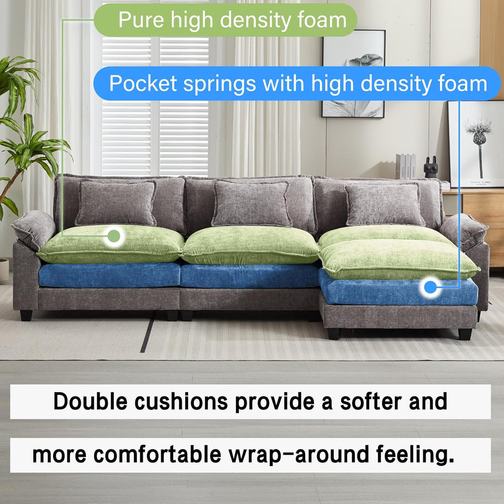 Oprisen 120' Modular Sectional Sofa, Comfy Cloud Couch Sectional Sofa with Ottoman, Chenille Sofa Sleeper Deep Seat Sofa with Throw Pillows for Living Room (Light Gray, 120'- L Shape)