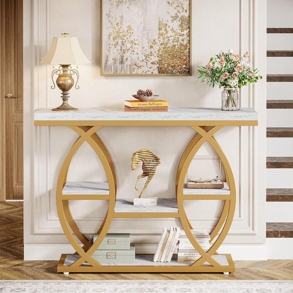 Tribesigns 39.4' Console Table, Industrial 4-Tier Sofa Table Entryway Table with Storage Shelves, Narrow Wood Accent Tables with Metal Frame for Small Spaces, Hallway, Foyer, White Gold