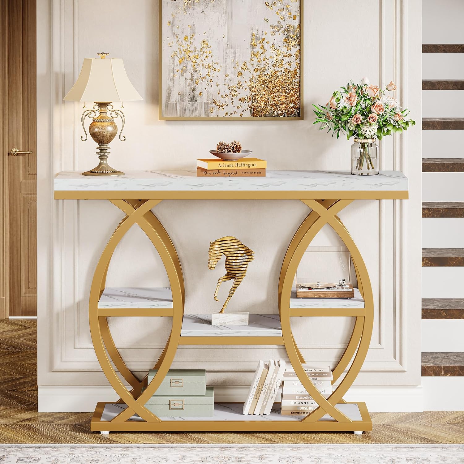 Tribesigns 39.4' Console Table, Industrial 4-Tier Sofa Table Entryway Table with Storage Shelves, Narrow Wood Accent Tables with Metal Frame for Small Spaces, Hallway, Foyer, White Gold
