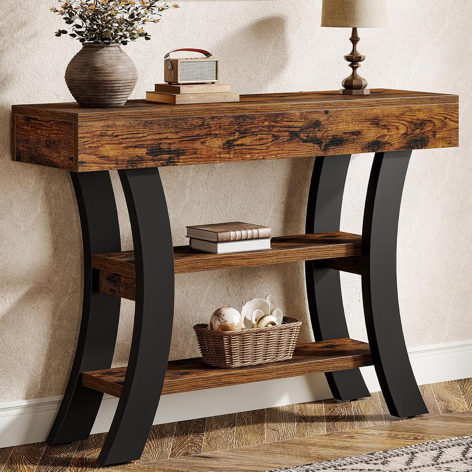 Tribesigns 41' Small Console Table for Entryway, 3-Tier Narrow Rustic Sofa Table with Storage Shelves and Curved Frame for Living Room, Entry, Hallway, Foyer, Rustic Brown