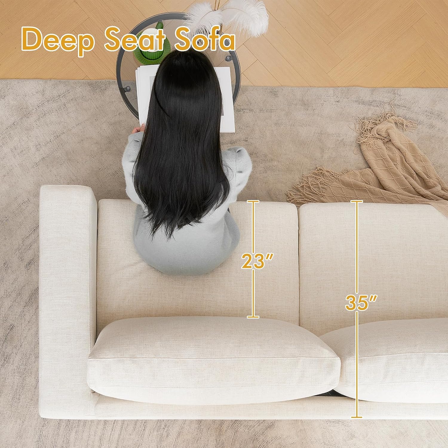 ELUCHANG 85' Modern Sofa Couches for Living Room, 3 Seater Sofa, Natural Linen Deep Seat Sofa with Upholstered Cushion&Detachable Cover, Comfy Sofa Couch for Small Space, Apartment (Beige,2PCS)