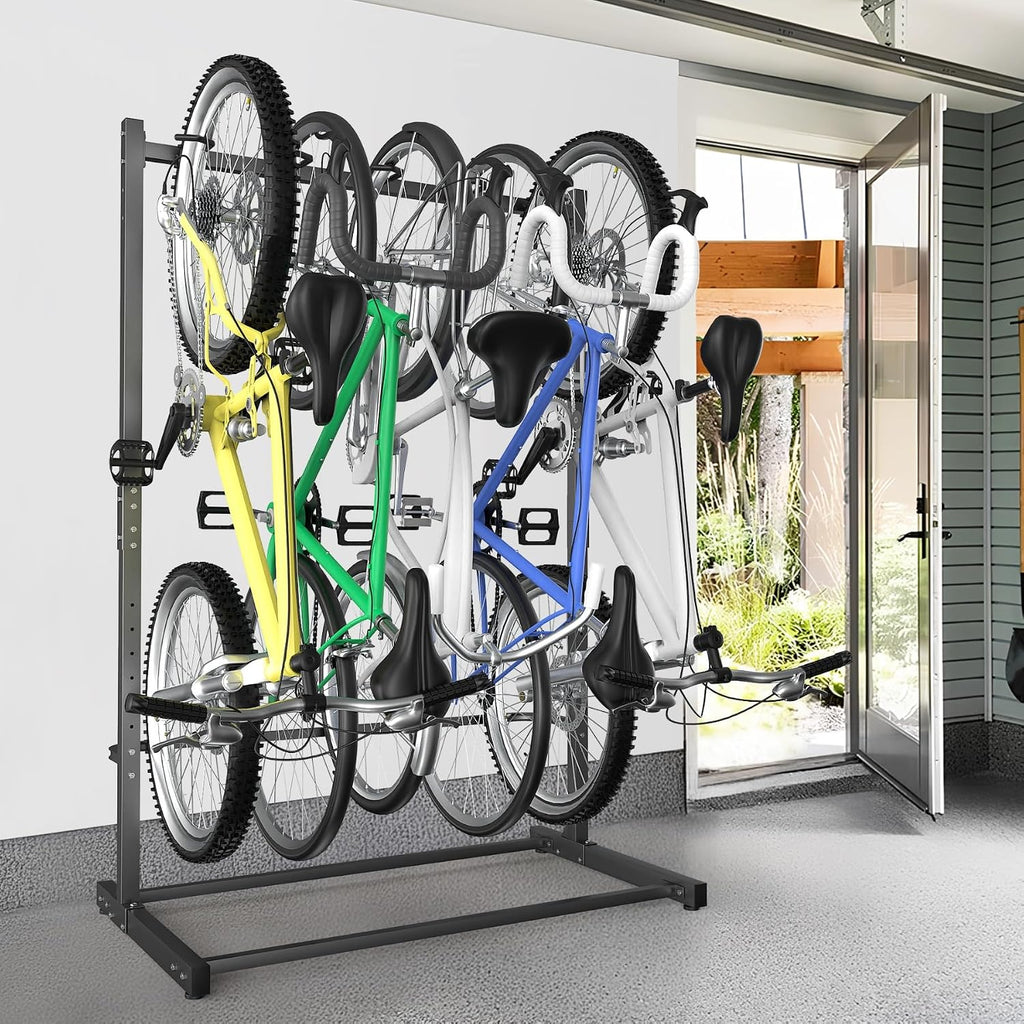 WALMANN Freestanding Bike Stand for Garage, 5 Bikes Vertical Bike Storage Stand Heavy Duty Bike Floor Stand, Holds Up to 70 lbs/Hook