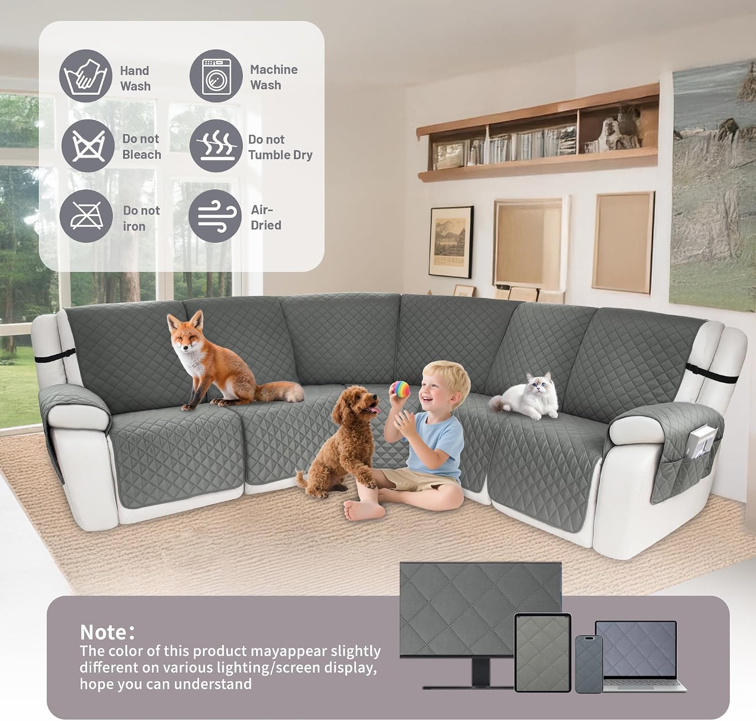 Waterproof Sectional Reclining Couch Covers L Shaped Recliner Sectional Sofa Cover 7 Piece Non Slip Washable Corner Recliner Slipcover Set for Pet Dog (5 Seater Cover, Middle Gray)