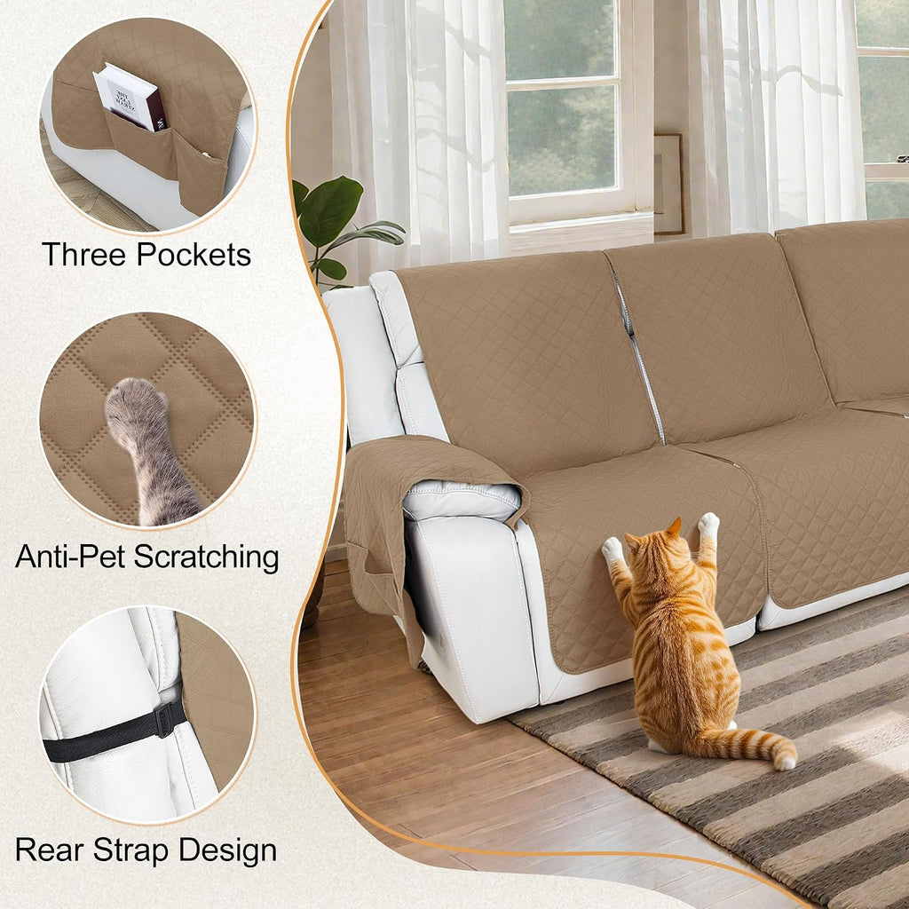 HDCAXKJ 100% Waterproof Reclining Sectional Couch Covers L Shape Recliner Sofa Cover Washable Quilted Soft Pet Dog Corner Recliner Slipcovers with Pockets (5 Seat and 1 Middle Console, Deep Camel)