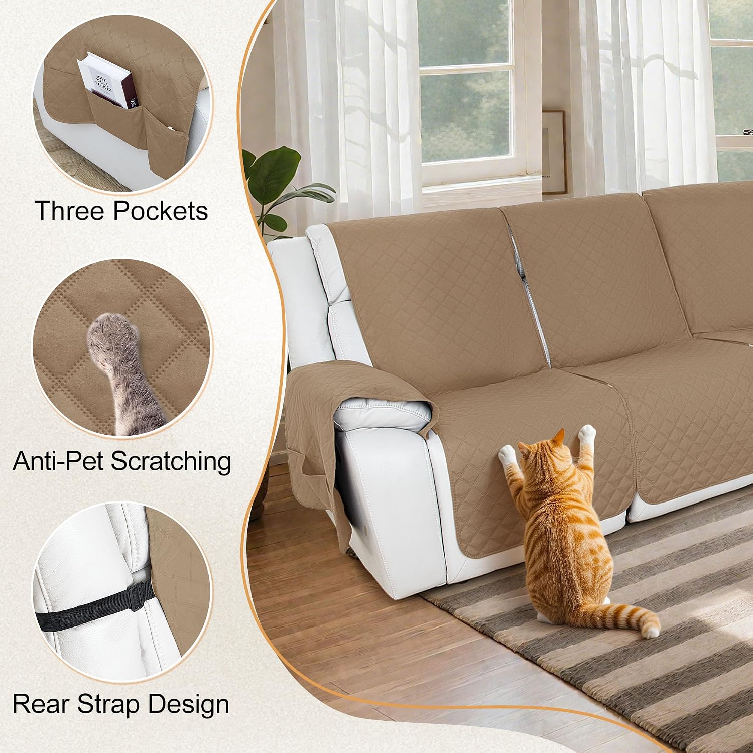 HDCAXKJ 100% Waterproof Reclining Sectional Couch Covers L Shape Recliner Sofa Cover Washable Quilted Soft Pet Dog Corner Recliner Slipcovers with Pockets (5 Seat and 1 Middle Console, Deep Camel)