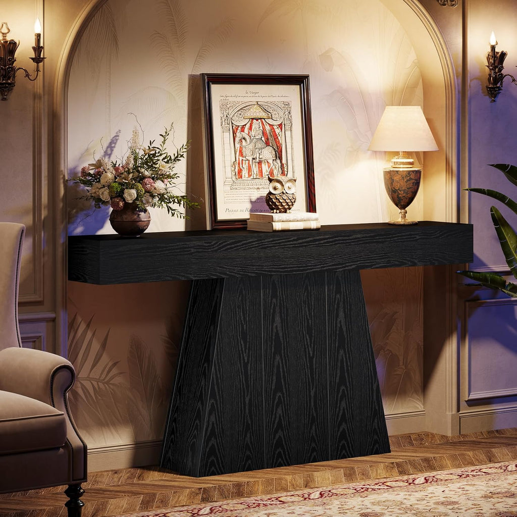 Tribesigns 63' Black Console Table, Farmhouse Entryway Table with Trapezoidal Base, Narrow Long Wood Sofa Table Behind Couch Table for Entrance, Hallway, Living Room, Black