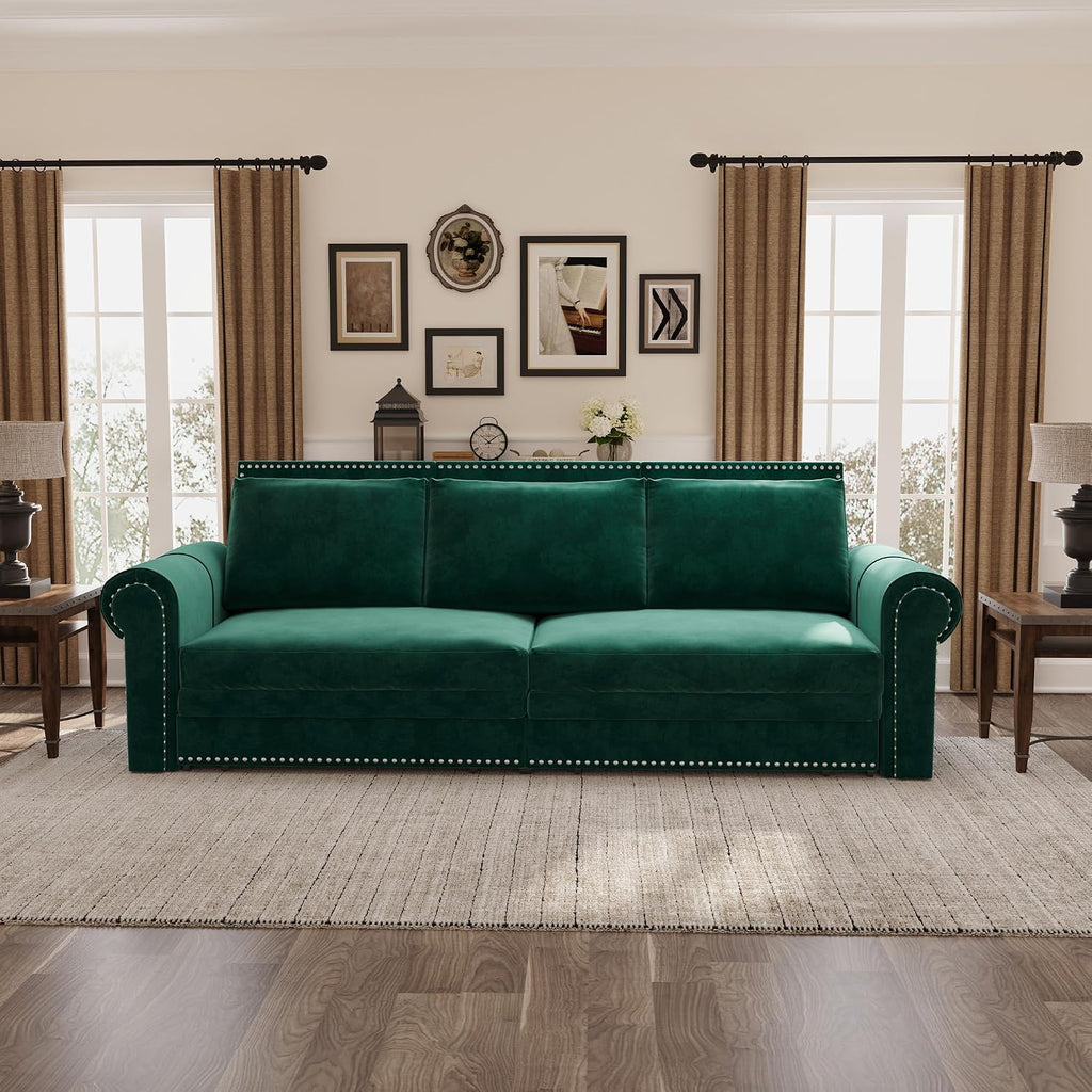 3 in 1 Convertible Sleeper Sofa Bed, 93.7' King Size Sofa Sleeper with Pull Out Bed, Velvet Folding Loveseat Sofa 3-Seater with Deep Seat, Nailhead Trim & Rolled Arm for Living Room (Green)
