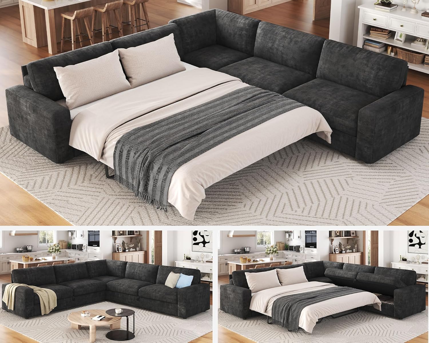 AMERLIFE 106' Oversized Sofa Bed, Sectional Sleeper Sofa with Pull Out Bed, 3 in 1 Convertible Sofa Bed, L Shaped Couch with Storage, High Resilience Mattress, Chenille Grey