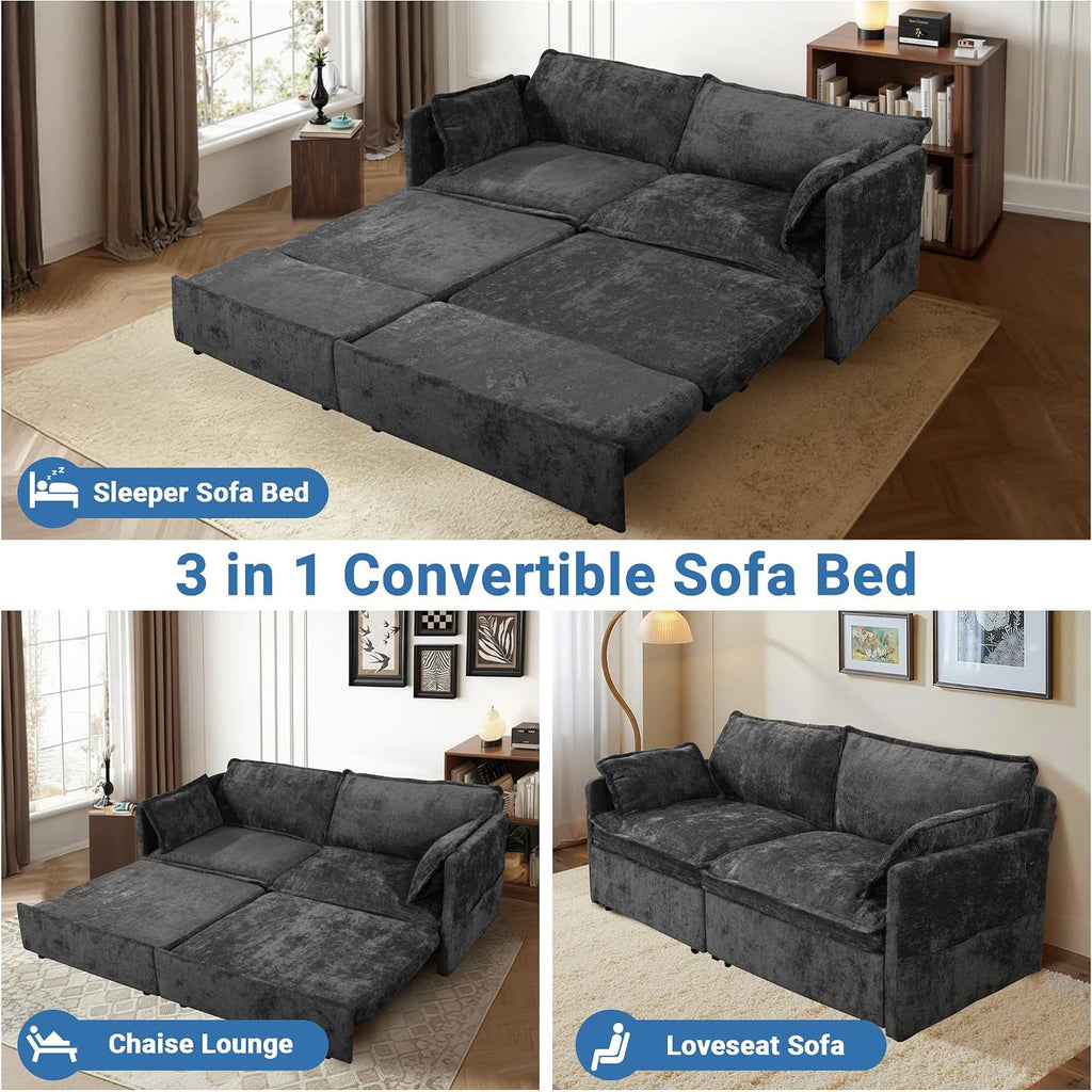73' Sleeper Sofa Bed, 3-in-1 Pull Out Couch with USB/Type-C Charging & Side Pockets, Convertible Chenille Loveseat Chaise Lounge, Space-Saving Sofa for Living Room, Black