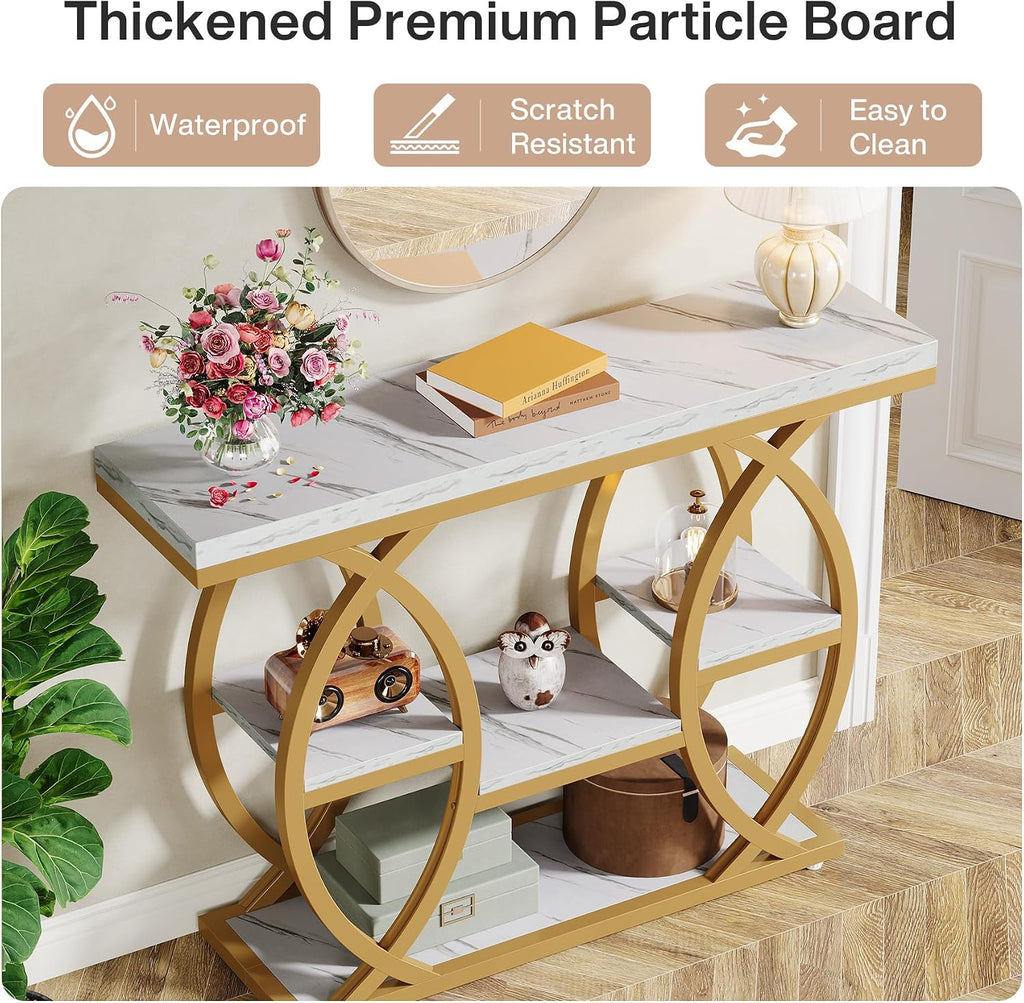 Tribesigns 39.4' Console Table, Industrial 4-Tier Sofa Table Entryway Table with Storage Shelves, Narrow Wood Accent Tables with Metal Frame for Small Spaces, Hallway, Foyer, White Gold