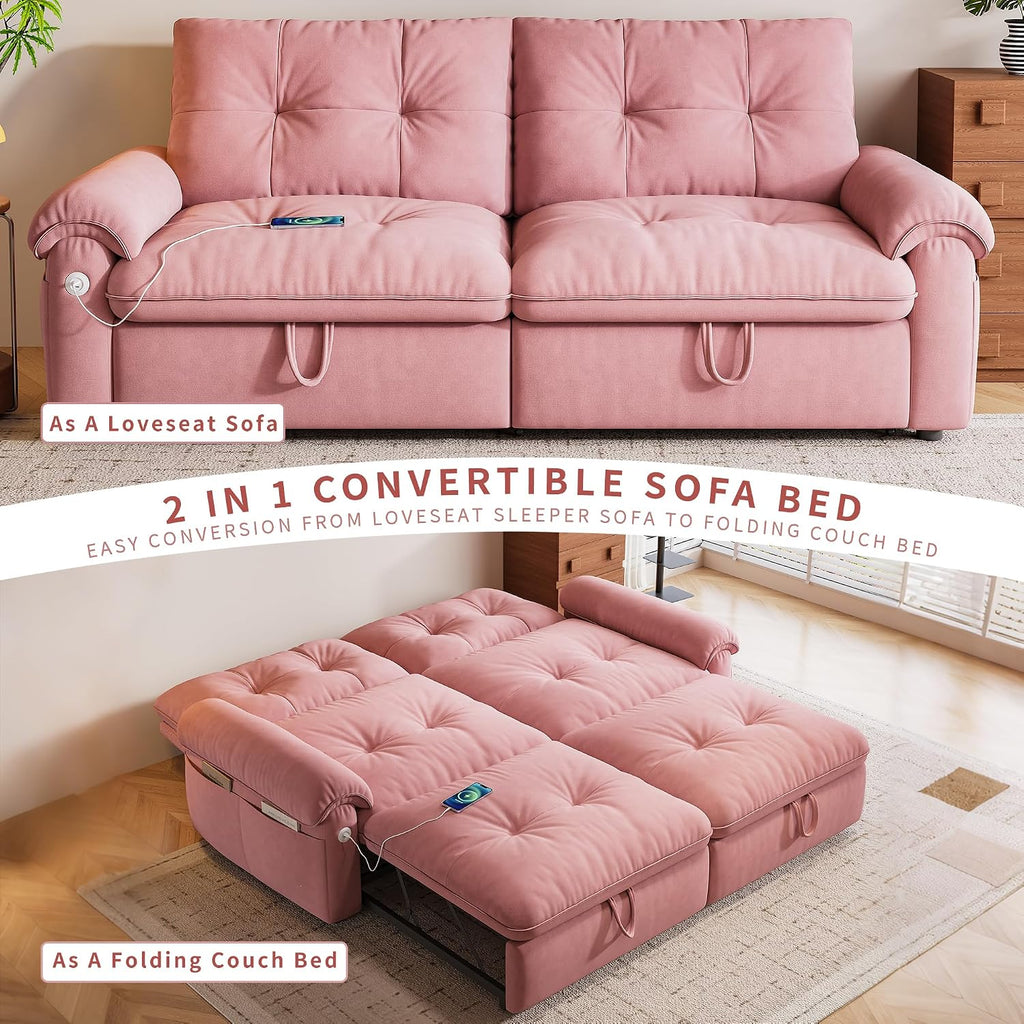 77' Queen Size Sofa Bed, Loveseat Sleeper Sofa with Pull Out Bed, Pockets and USB, Modern 2 Seater Convertible Small Couch for Living Room Bedroom Apartment, Pink