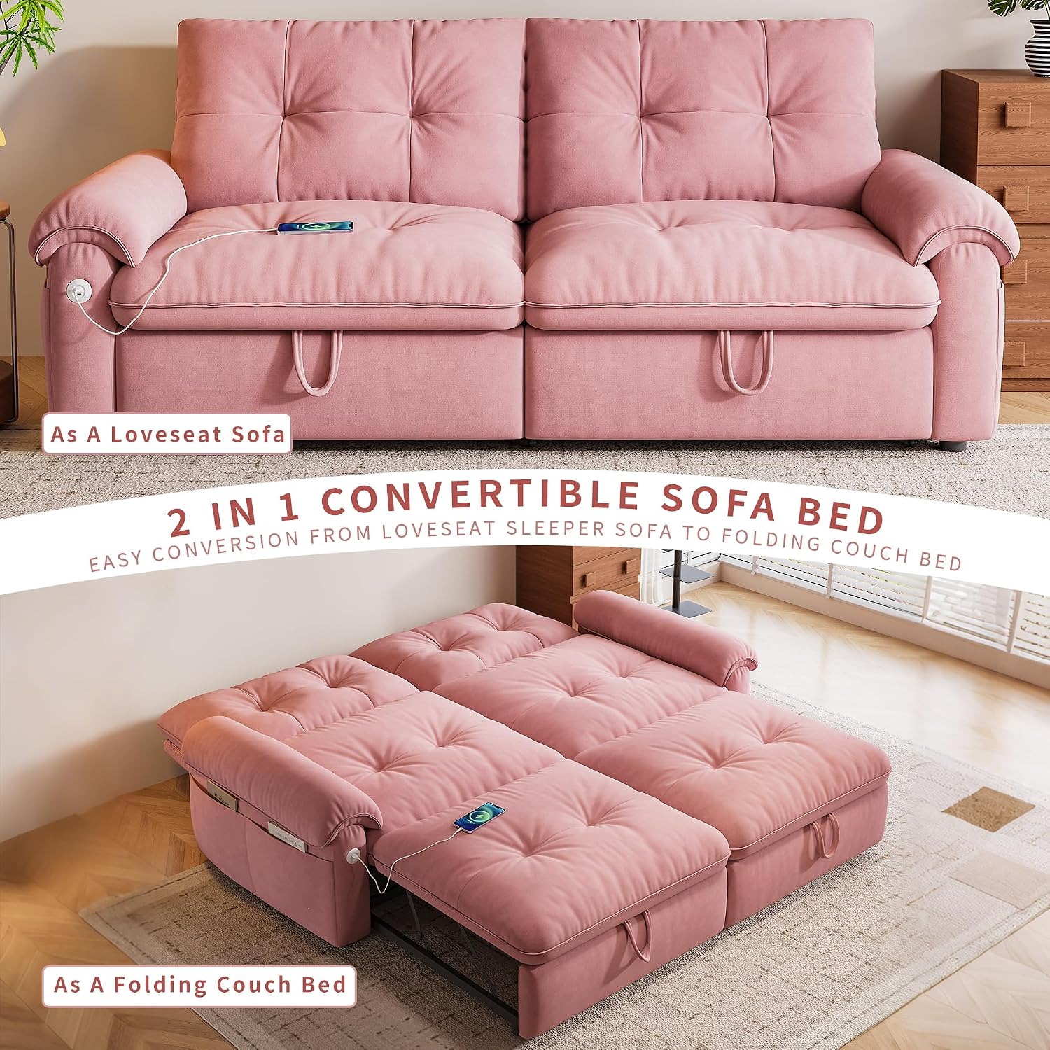 77' Queen Size Sofa Bed, Loveseat Sleeper Sofa with Pull Out Bed, Pockets and USB, Modern 2 Seater Convertible Small Couch for Living Room Bedroom Apartment, Pink