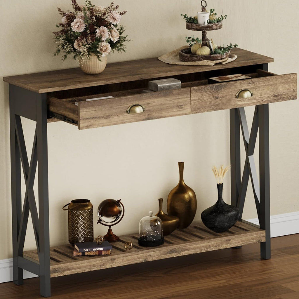 ChooChoo 47' Farmhouse Console Table with Drawer for Entryway, Narrow Long Entry Table with Shelf for Living Room, Rustic Vintage Hallway Sofa Table with Stable X Supports, Rustic Oak & Black