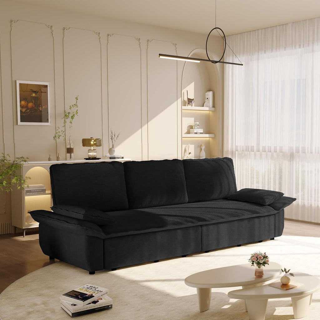 94.5'' King Size Sleeper Sofa Bed, 3-in-1 Corduroy 3-Seater Sofabed, Pull-Out Couch, Upholstered Cloud Pullout Futon, Space Saving for Living Room, Black