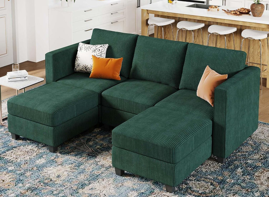 Belffin Modular Sectional Sleeper Sofa with Storage Ottoman, Corduroy Luxury Sectional Sofa with Chaise, Convertible Modern Sectional for Living Room, Green