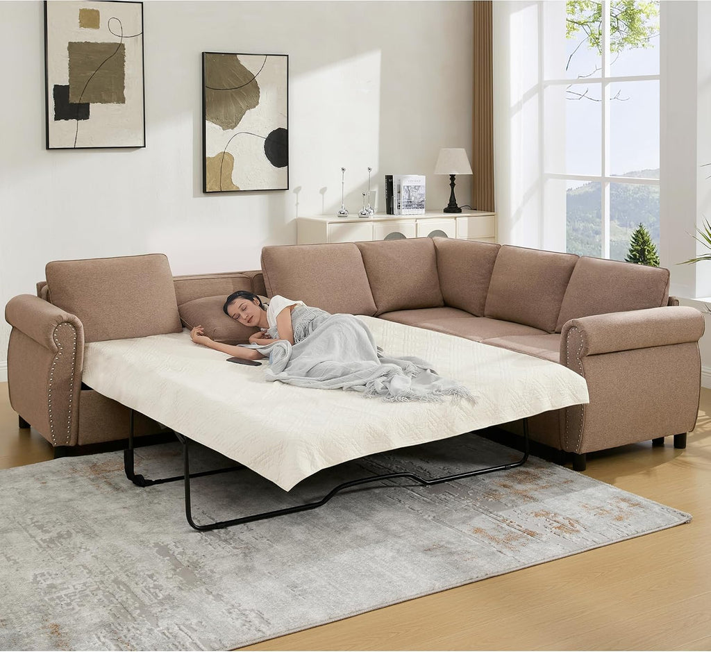 104'' Sleeper Sofa Bed, L Shaped Sectional Sofa with Pull Out Couch Bed, Queen Size 6 Seater Sofa with Memory Foam Mattress, Sectional Couches for Living Room Furniture Set, Brown