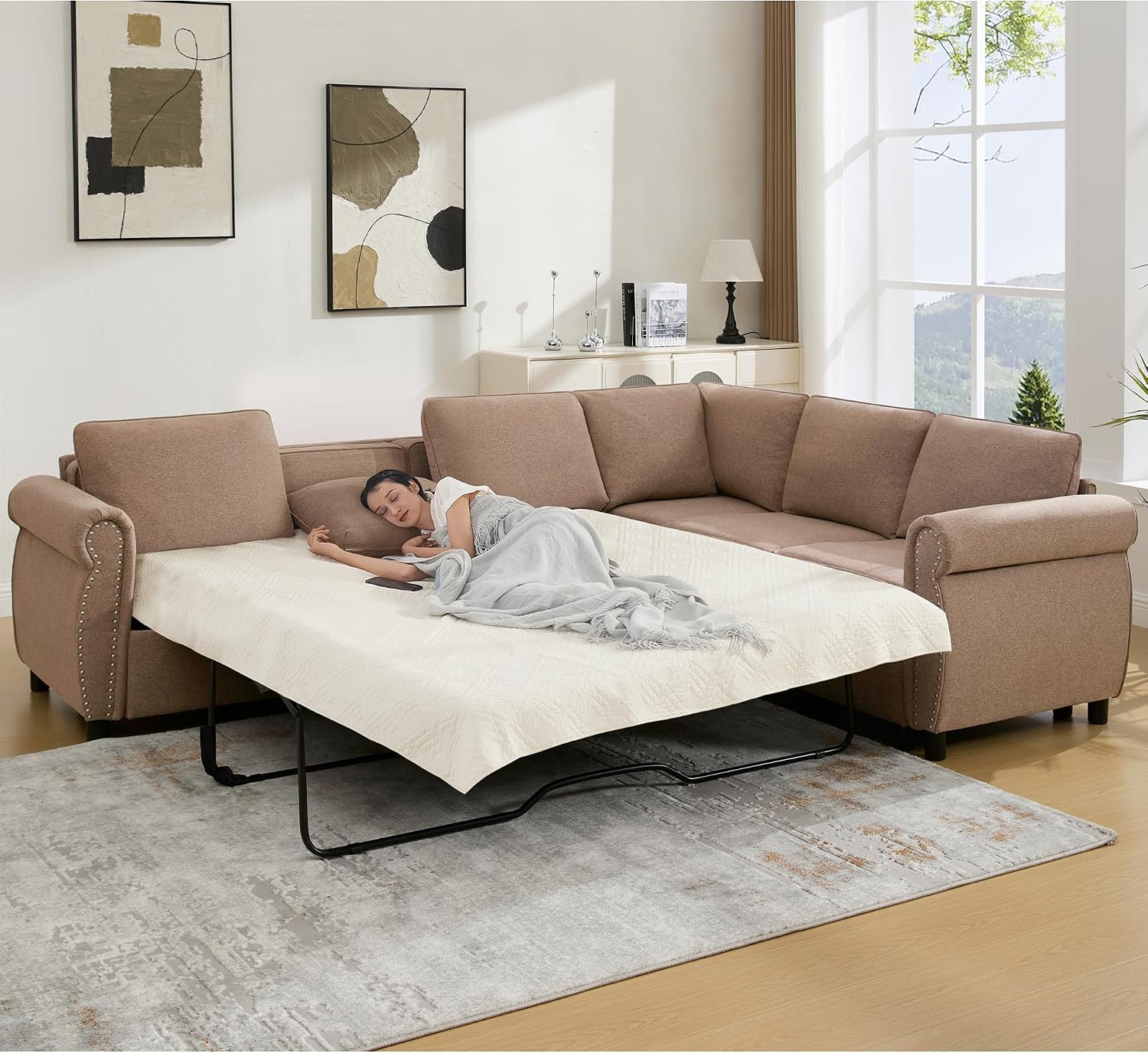 104'' Sleeper Sofa Bed, L Shaped Sectional Sofa with Pull Out Couch Bed, Queen Size 6 Seater Sofa with Memory Foam Mattress, Sectional Couches for Living Room Furniture Set, Brown