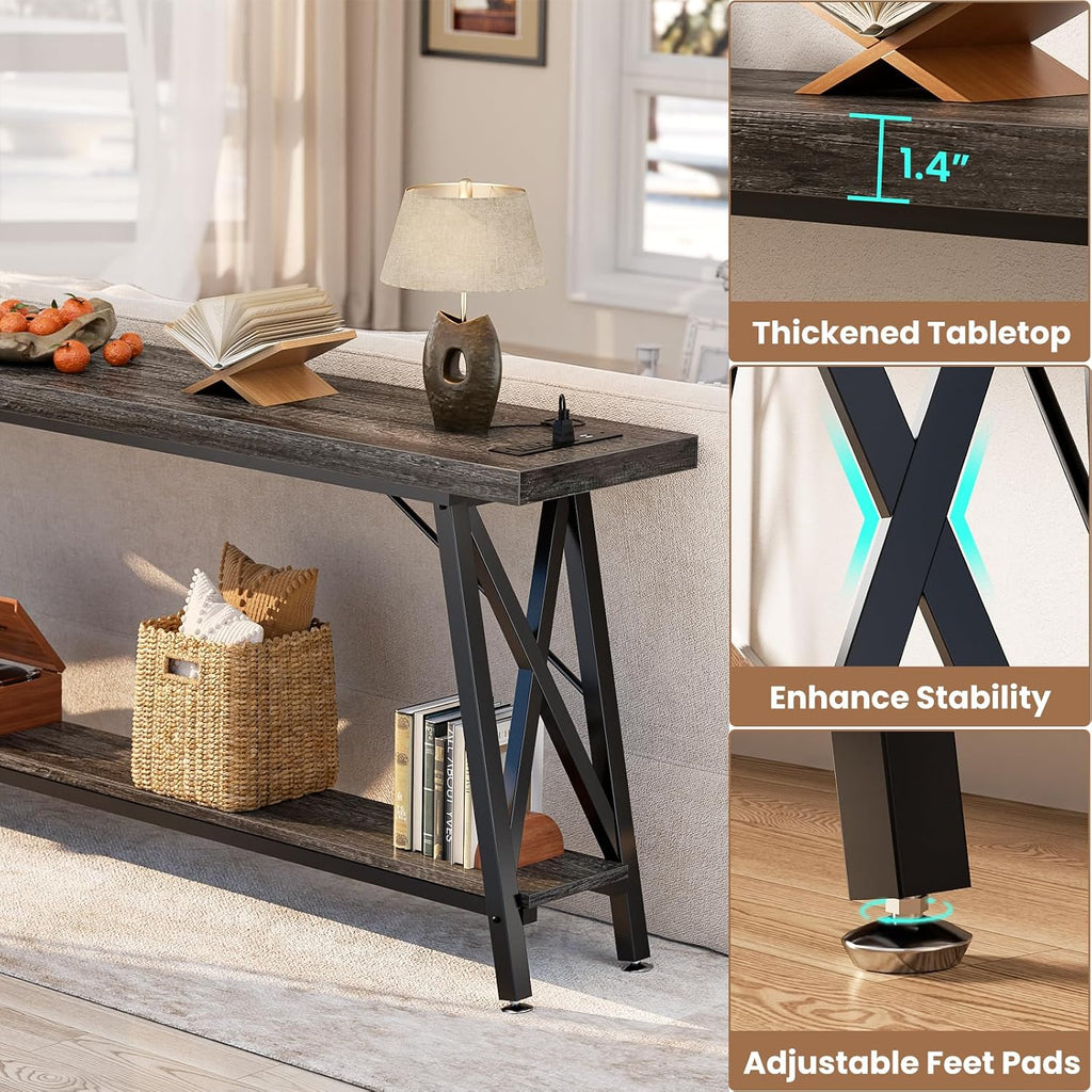 Homieasy 70.9 Inch Console Table, Industrial Sofa Table Behind Couch with Charging Station & Storage Shelf, Entryway Table for Living Room & Entryway, Grey
