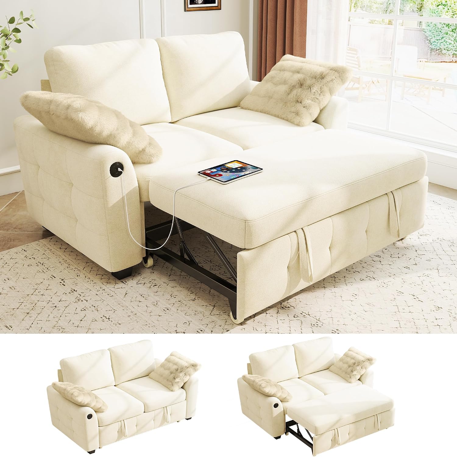 Ihanherry 59-inch Convertible Sofa Bed, Pull Out Sleeper with USB Port & Wide Armrests, 2-in-1 Chenille Fabric Loveseat with 2 Pillows, Space-Saving for Small Apartment, Living Room, Bedroom（Beige）
