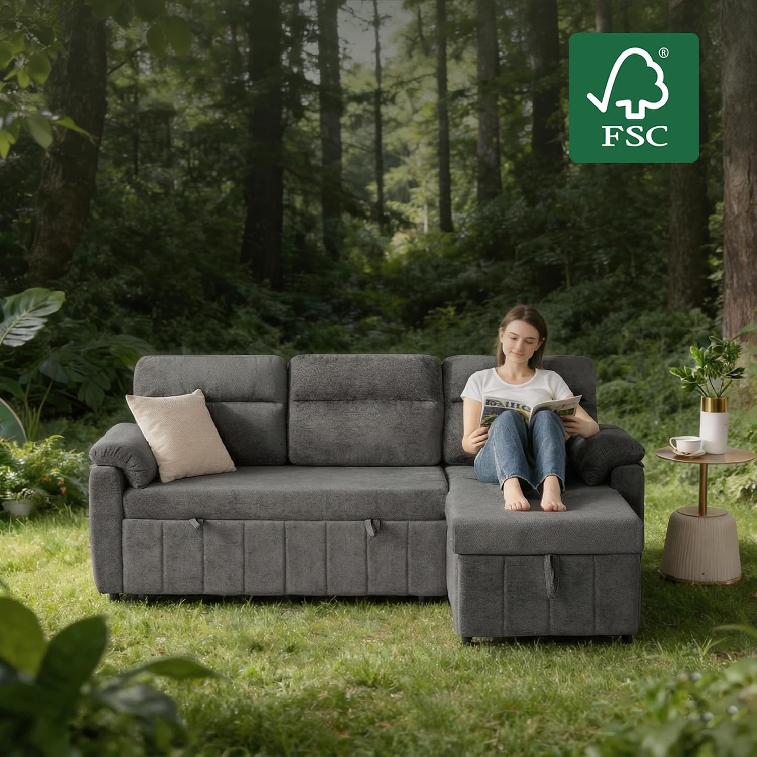 Tbfit 84'' Pull Out Sofa, 3 in 1 Sleeper Sofa Couch with USB & Storage Chaise, Cloud Sofa Bed with Pull Out Bed, Chenille Convertible Sleeper Sofas for Living Room, Small Spaces, Dark Gray
