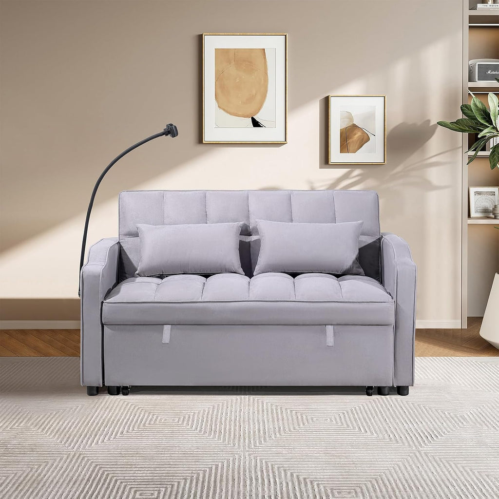 Antetek Sleeper Sofa Couch Bed with USB & Type C Port, Modern 3-in-1 Convertible Velvet Pull Out Loveseat Futon Sofa w/Phone Holder for Living Room Apartment, Adjustable Backrest, Light Grey