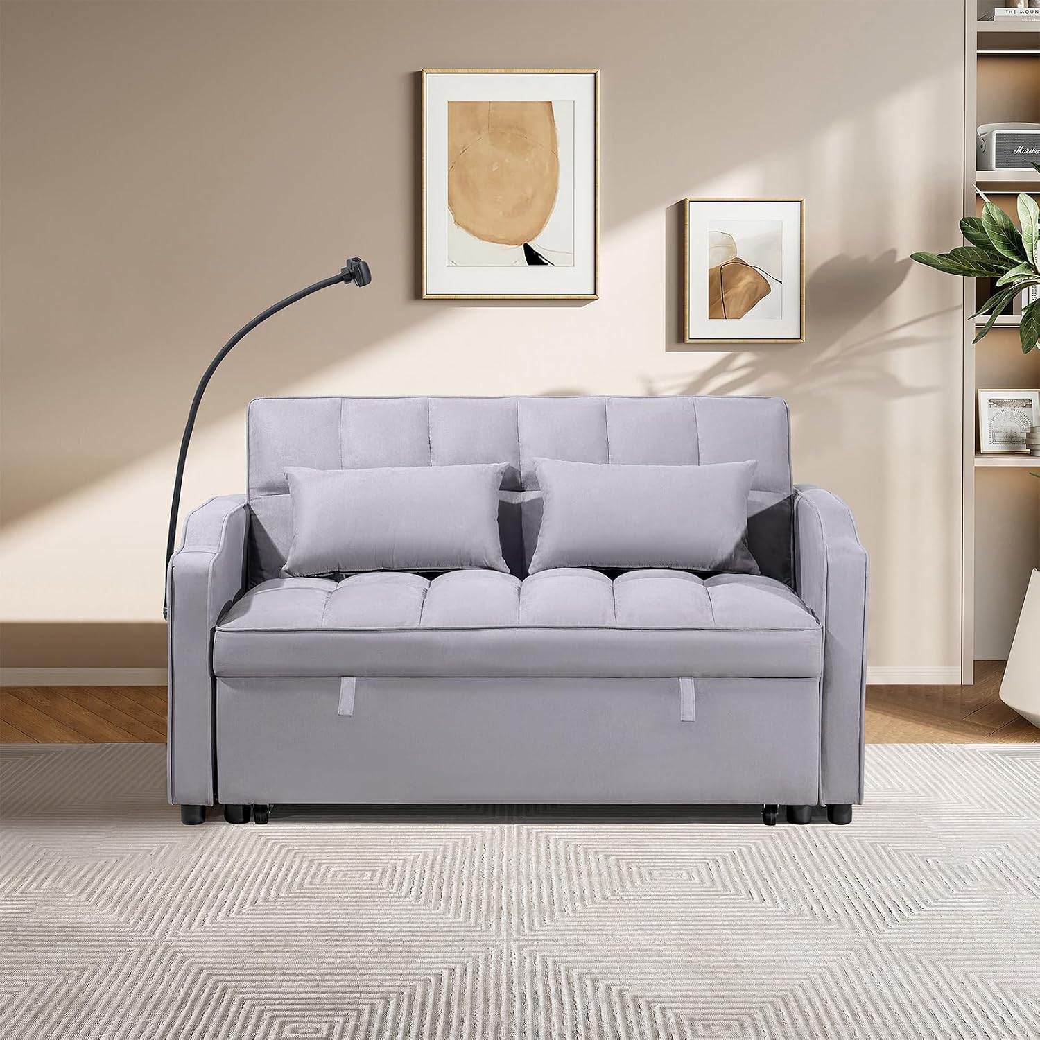 Antetek Sleeper Sofa Couch Bed with USB & Type C Port, Modern 3-in-1 Convertible Velvet Pull Out Loveseat Futon Sofa w/Phone Holder for Living Room Apartment, Adjustable Backrest, Light Grey