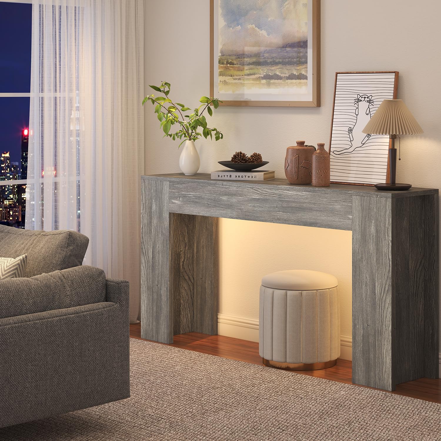 knoworld 63-Inch Long Console Table with LED Light, Farmhouse Sofa Table Behind Couch, Wooden Console Table for Entryway Hallway Entrance Living Room, Gray