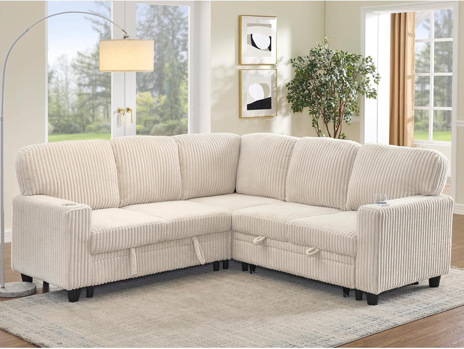 L-Shaped Sectional Couch with Storage and Pull Out Bed, Convertible Sofa Bed with USB Charging and Cup Holders, 5-Seat Modular Sleeper Sofas Convertible Couches for Living Room, Beige