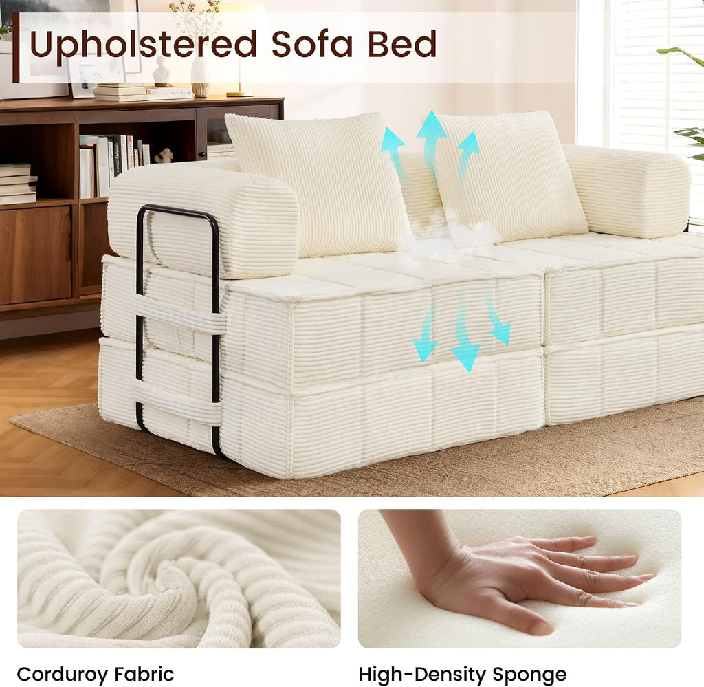 Korser Folding Convertible Sofa Bed, Corduroy Upholstered Boneless Couch, Small Sectional Cloud Couch, Loveseat Sleeper Sofa, Modular Futon Floor Sofa Couch for Living Room Bedroom Lounge, No Assembly