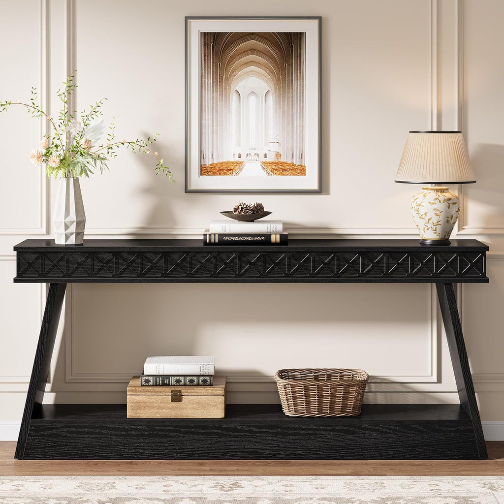 Tribesigns 70.9 Inch Long Console Table for Entryway, 2-Tier Farmhouse Entryway Table with Storage, Narrow Sofa Table Behind the Couch, Wood Accent Table for Hallway, Living Room, Foyer, Black