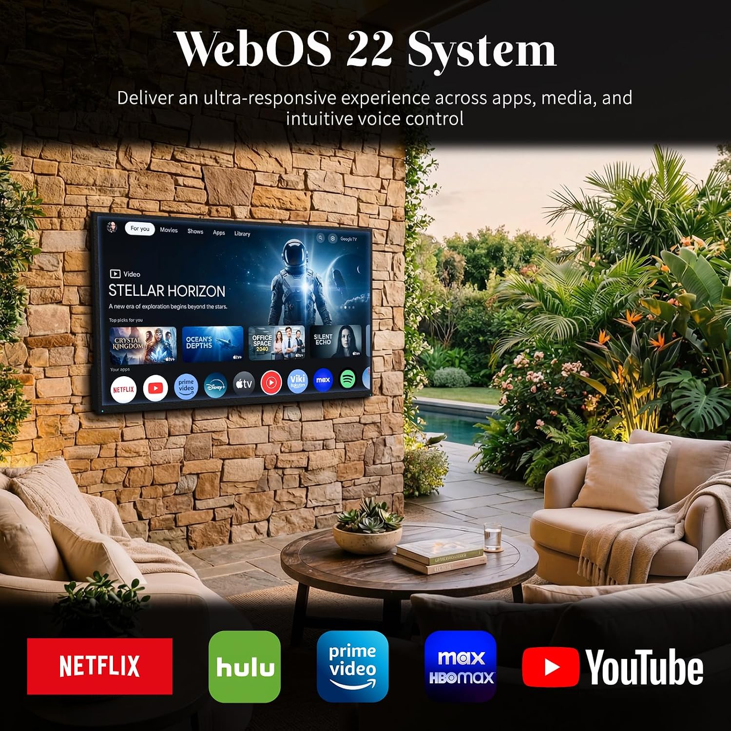 55 Inch Outdoor TV, 2000 Nits Ultra Bright 4K UHD Weatherproof Television, IP55 Waterproof Smart TV with WebOS 22 & Anti-Glare Screen for Direct Sunlight, Backyard, Poolside, Deck & Patio