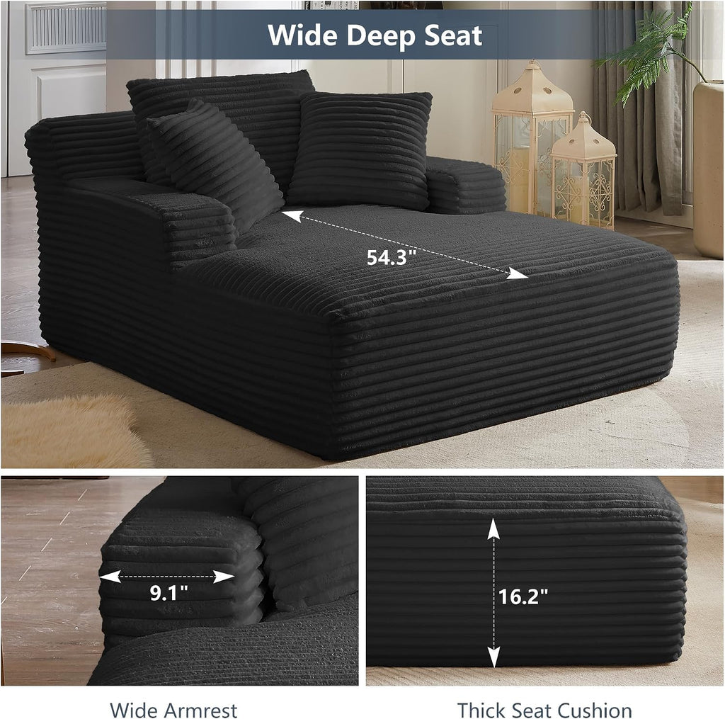 Tmsan 50' Oversized Chaise Lounge Sofa Chair Indoor, Modern Corduroy Sleeper Sofa Cloud Couch with 3 Soft Pillows, Comfy Single Seat Floor Sofa for Living Room Apartment Office, Black