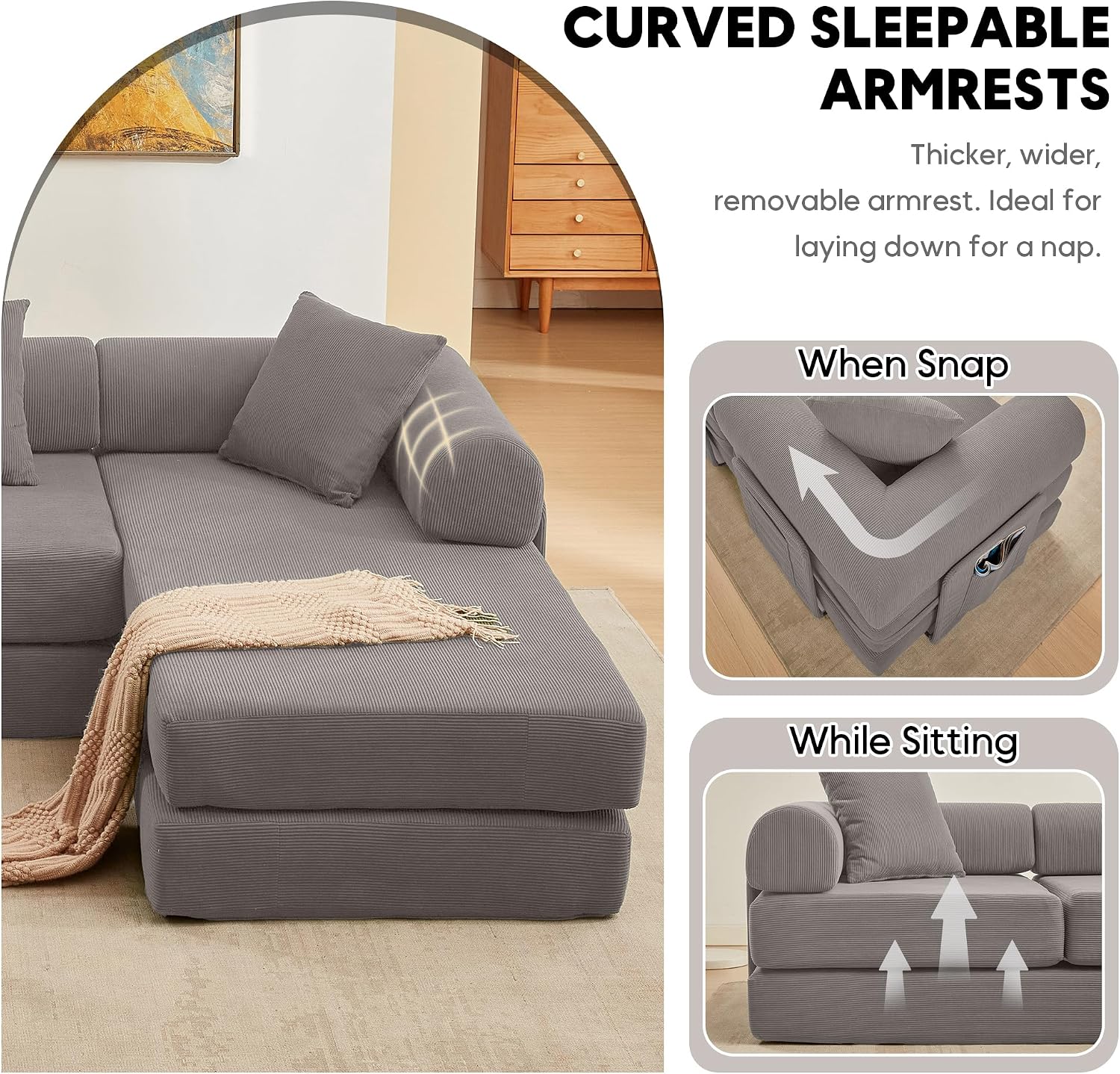 L Shaped Modular Sofa Bed with Cylindrical Pillow & Reversible Chaise, Corduroy Folding Floor Convertible Sofa Couch Bed with Fixed-Shape Frame & Storage Pocket for Living Room, Grey