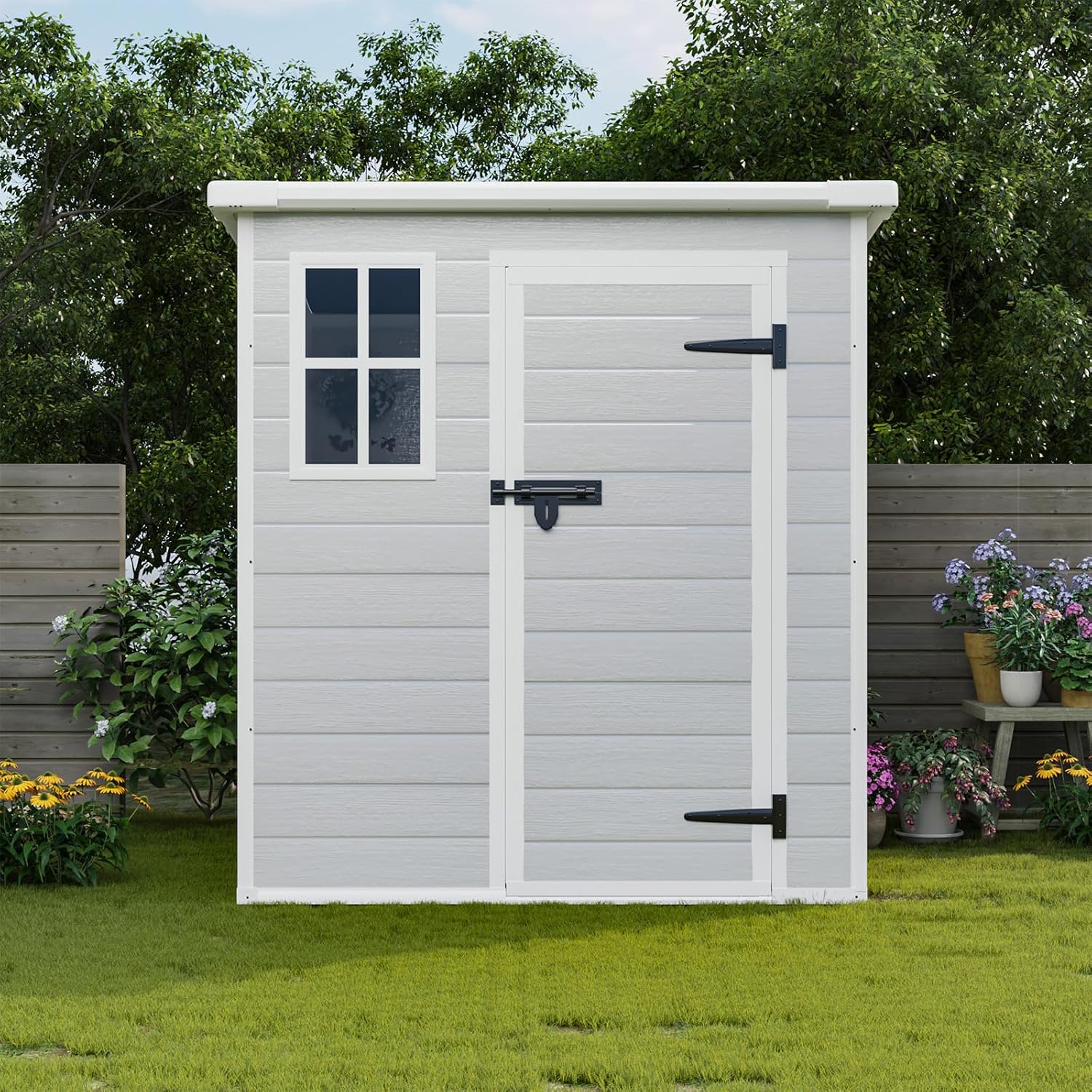 6 x 6 FT Resin Outdoor Storage Shed, Plastic Garden Shed with Floor, Large Storage Space, Lockable Doors & Windows, Plastic Tool Shed, 12mm Thick PP Board (6X6 FT)