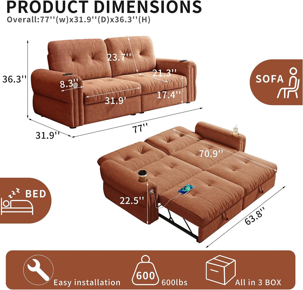 77' Queen Size Sofa Bed, Loveseat Sleeper Sofa with Pull Out Bed and USB, 2 Seater Convertible Small Couch for Living Room Bedroom Apartment (Orange, Chenille)