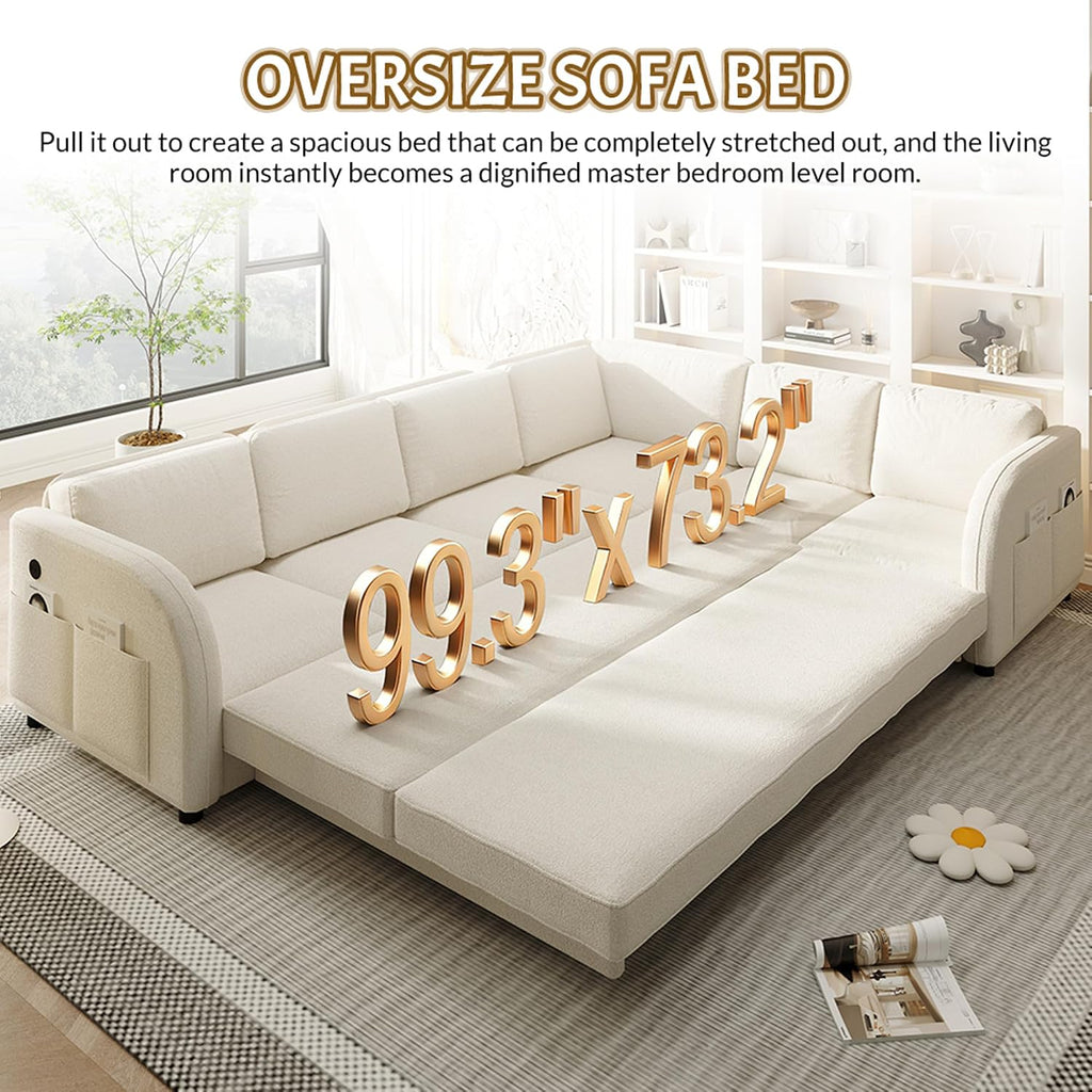 ITVZ King Size Sleeper Sofas Convertible Couches, White L Shaped Sectional Couch with Pull Out Bed, Oversized 6-Seat Sectional Sofa with Convert Left/Right Facing and USB Port for Living Room