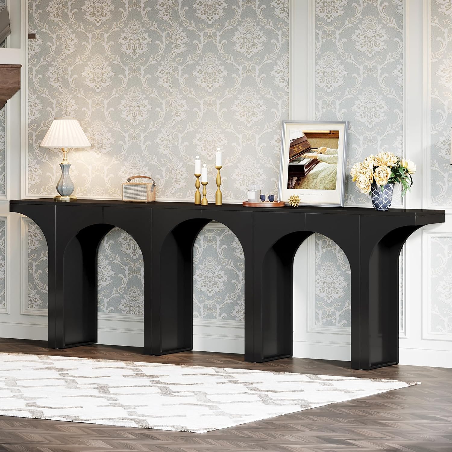 Tribesigns Black Console Table, 94-Inch Entryway Console Table, Wood Sofa Table Behind Couch with Arched Base, Narrow Hallway Table, Modern Foyer Accent Table for Entrance Living Room (Set of 2)
