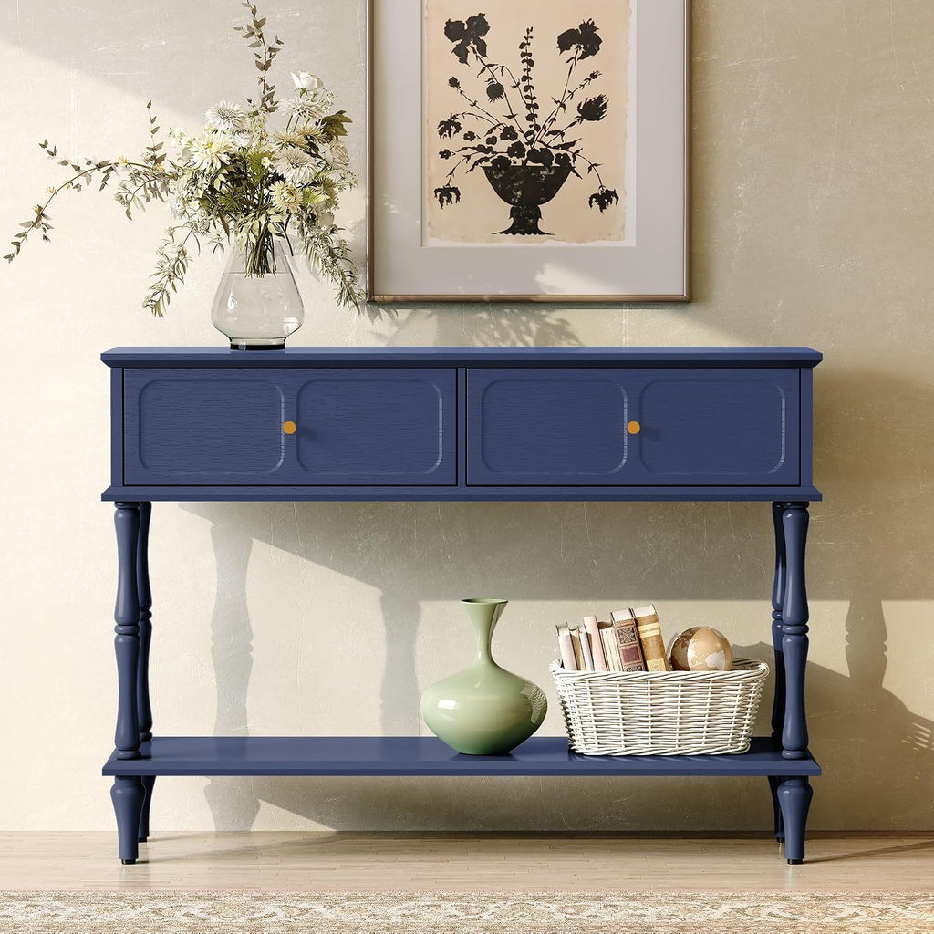 ARTPOWER Console Table with Drawers for Entryway, Mid-Century Entryway Table with Storage, Blue Narrow Entryway Table with Open Shelf Behind Sofa for Living Room, Foyer, Hallway