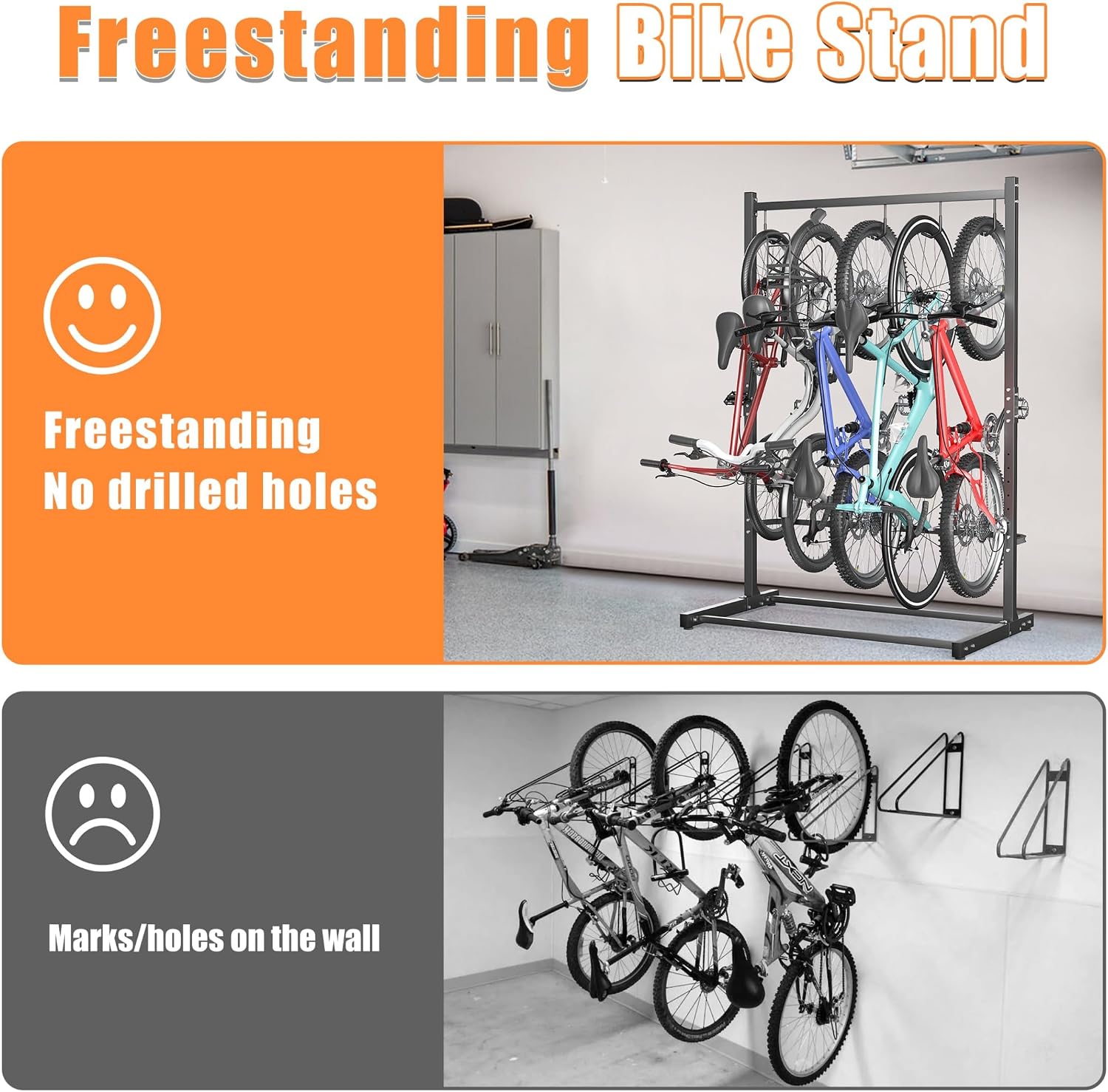 TORACK Garage Freestanding Hanging Bike Stand for Garage, Heavy Duty 5 Bikes Vertical Bike Storage Stand Floor Bike Storage Rack