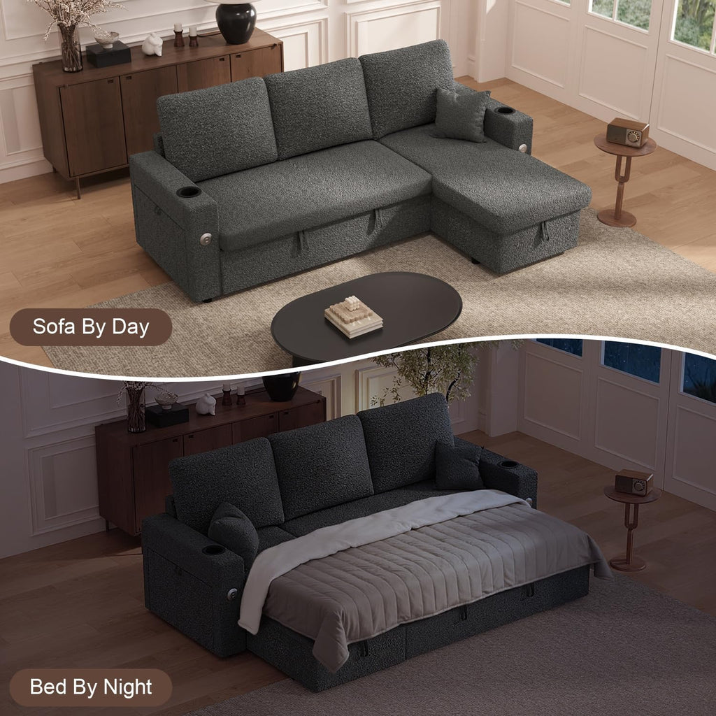 Sleeper Sofa Bed, 4-in-1 Pull Out Couch with Reversible Chaise | Dual USB & Type-C Charging | Dual Cup Holders | Layered Storage (Armrest + Chaise) for Living Room, Apartment, Home Office (Dark Gray)