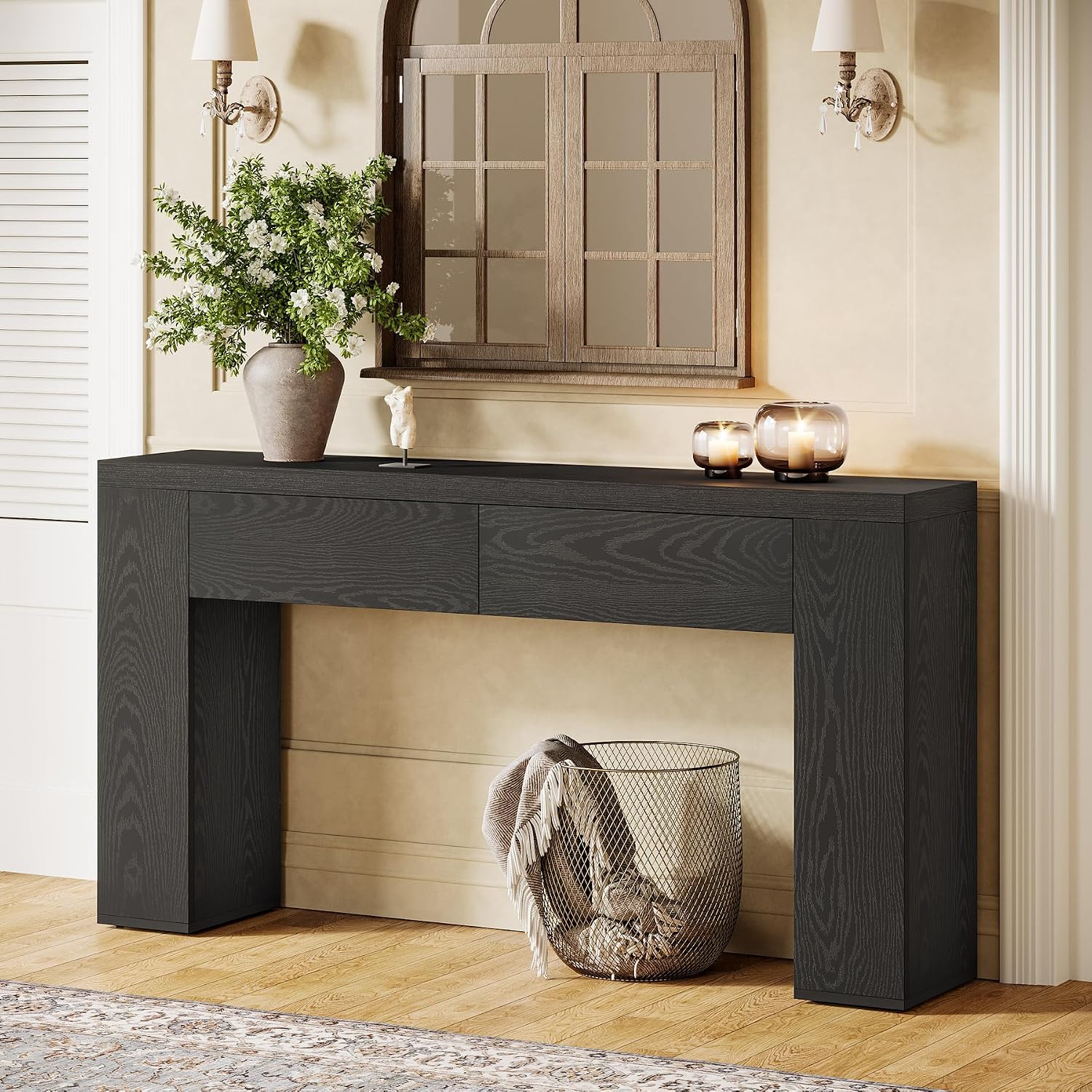 Tribesigns 63-Inch Wooden Foyer Table with with 2 Hidden Drawers, Farmhouse Console Table for Living Room, Hallway, Entrance, Easy Assembly (Black)