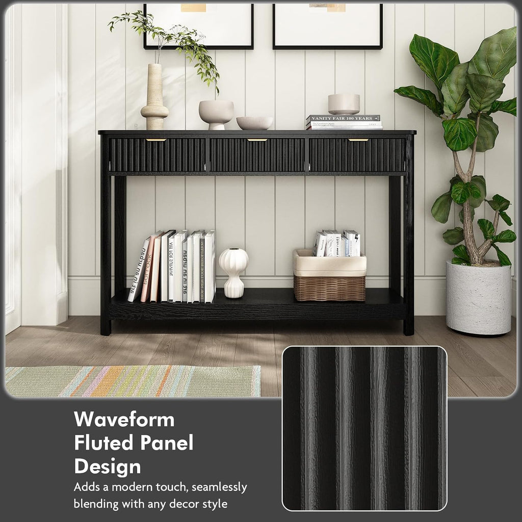 HOKYHOKY Fluted Console Table with Drawers, Modern 47.1' Entryway Table with Storage Shelf, Boho Narrow Skinny Behind Couch Wood Sofa Table for Living Room Hallway Entrance Foyer, Black