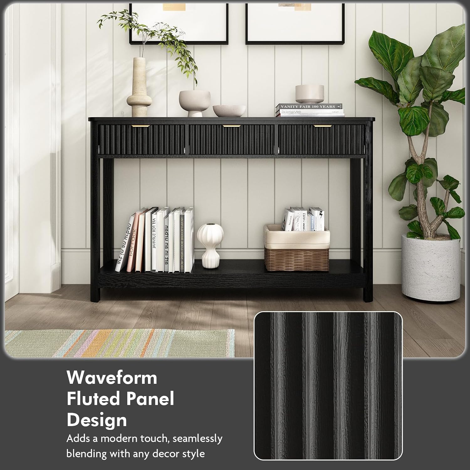 HOKYHOKY Fluted Console Table with Drawers, Modern 47.1' Entryway Table with Storage Shelf, Boho Narrow Skinny Behind Couch Wood Sofa Table for Living Room Hallway Entrance Foyer, Black