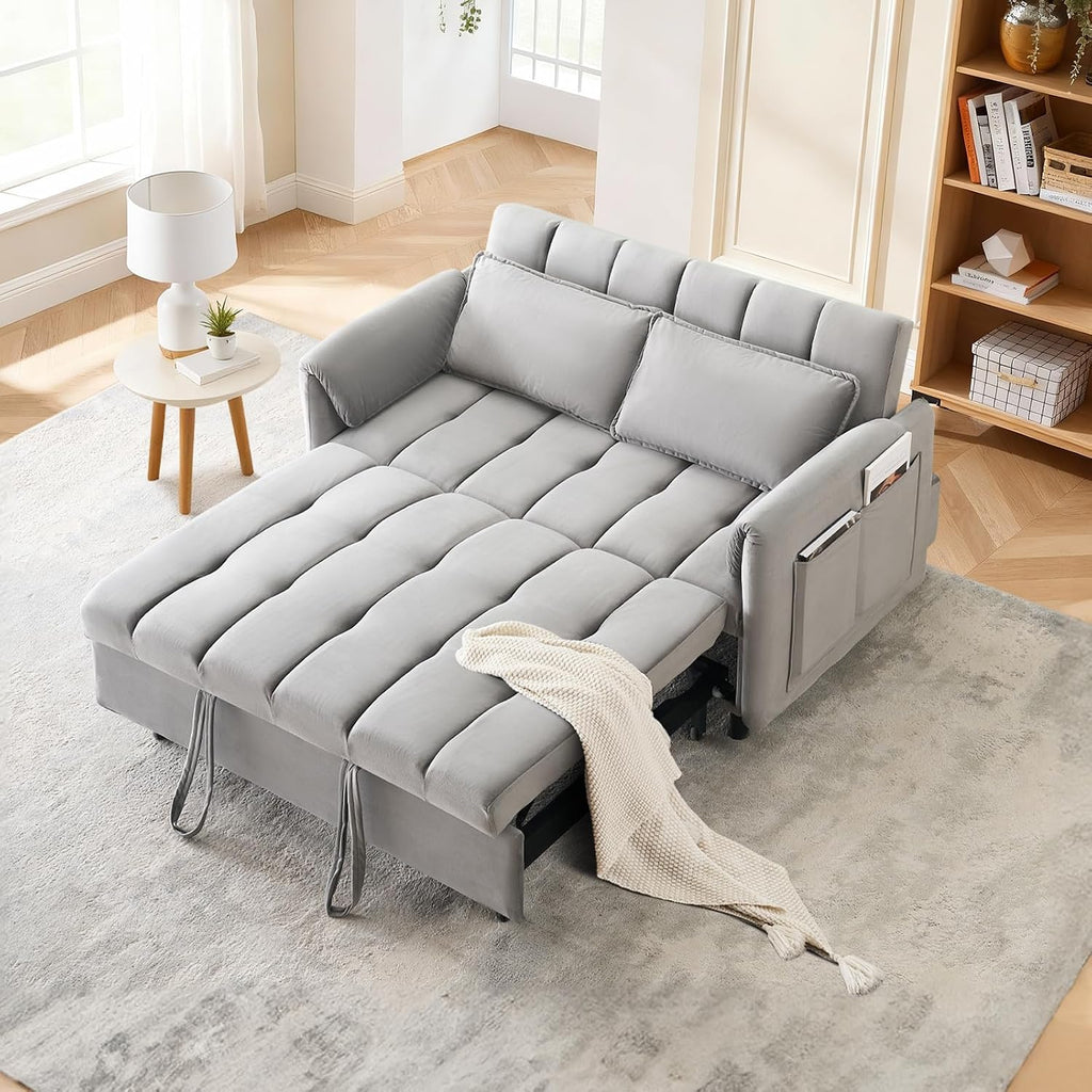 CAPCAEK 3 in 1 Convertible Sleeper Sofa Bed, Modern Velvet Loveseat Pull-Out Couch w/Pullout Bed, Small Love Seat Lounge Sofa w/Reclining Backrest,Toss Pillows, Pockets, for Living Room