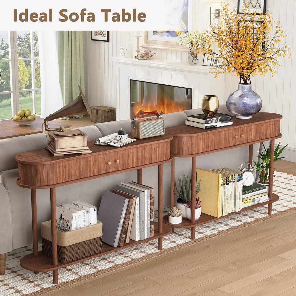 ARTPOWER 47.2' Modern Entryway Table with Wood Tambour Door, Accent Behind Couch Sofa Console with Storage, Fluted Side Table for Hallway, Living Room, Foyer, Brown