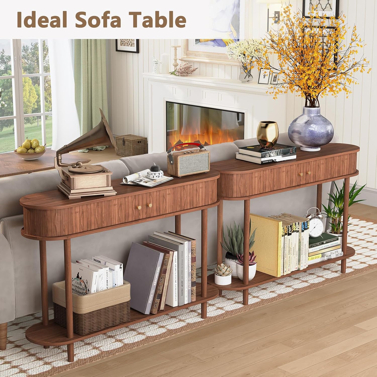 ARTPOWER 47.2' Modern Entryway Table with Wood Tambour Door, Accent Behind Couch Sofa Console with Storage, Fluted Side Table for Hallway, Living Room, Foyer, Brown