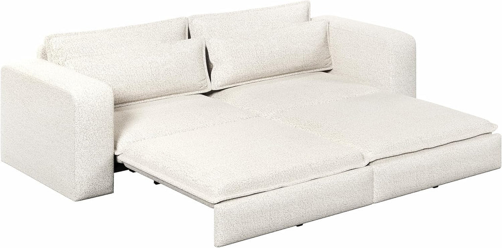 Convertible King Size Sofa Bed, 3 in 1 Teddy Sleeper Sofa Pull-Out Bed with Armrests, 3 Seater Couches with 2 Pillows, Sleeper Couch Reading Chairs for Living Room(Beige)