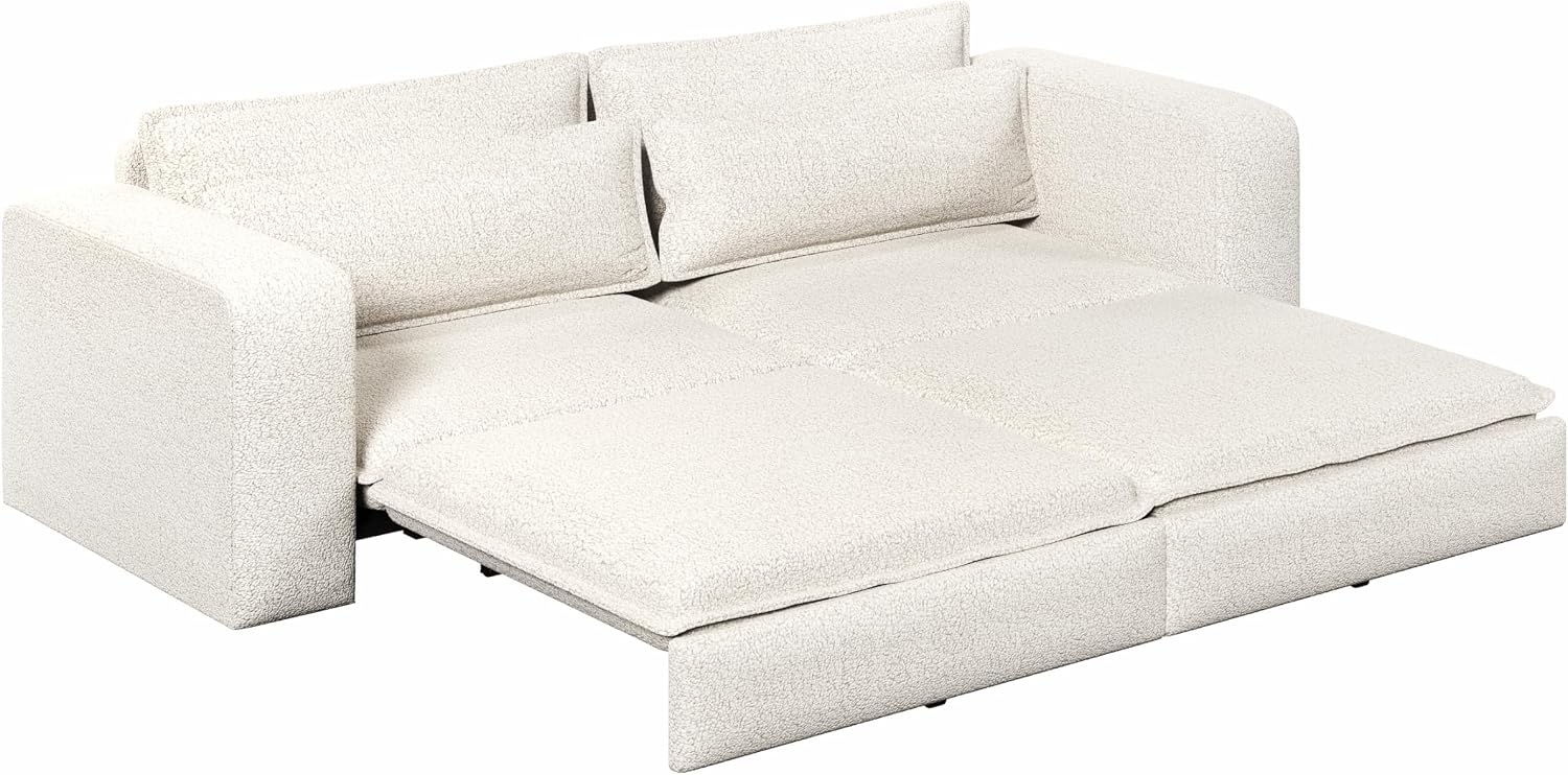 Convertible King Size Sofa Bed, 3 in 1 Teddy Sleeper Sofa Pull-Out Bed with Armrests, 3 Seater Couches with 2 Pillows, Sleeper Couch Reading Chairs for Living Room(Beige)