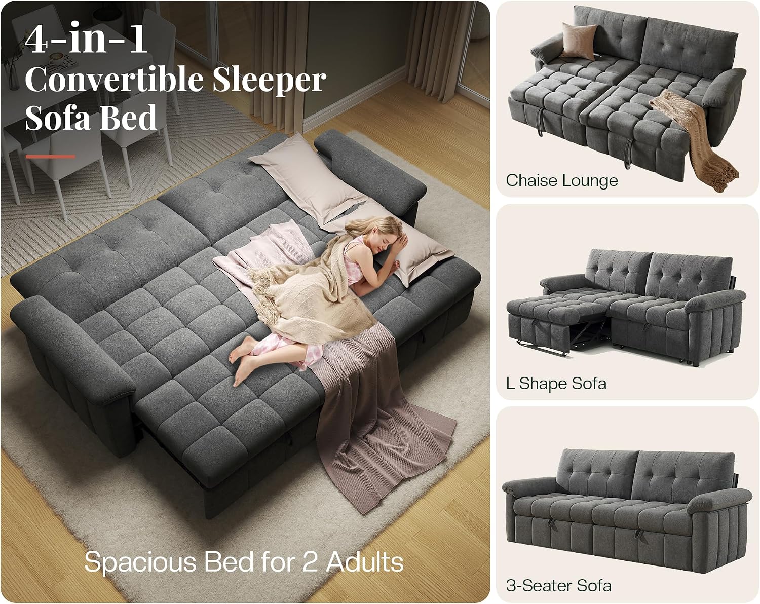 Jocisland 93' 4-in-1 Convertible Sofa Bed, Full Size Cloud Sleeper Sofa, Tufted Chenille, 5-Position Adjustable Backrest, 10-Minute Tool-Free Assembly, Couches for Living Room Guest Room, Gray